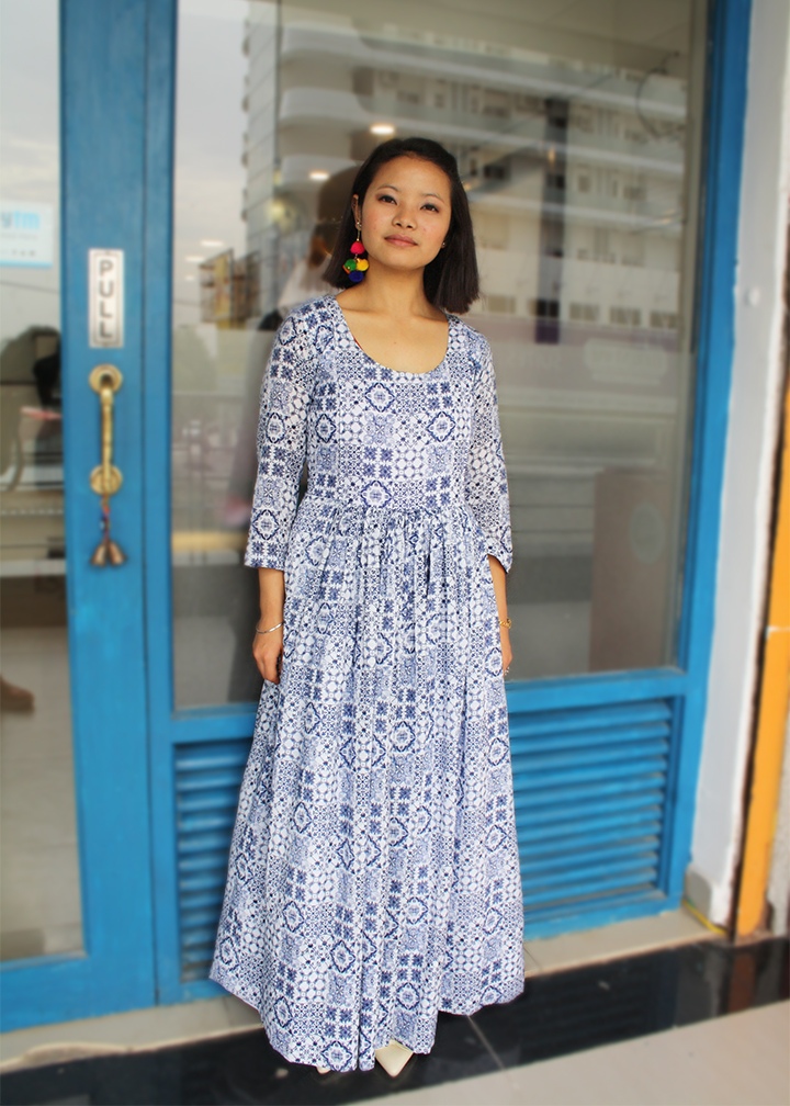 Blue patchwork print dress - Dresses Women Apparel | World Art Community